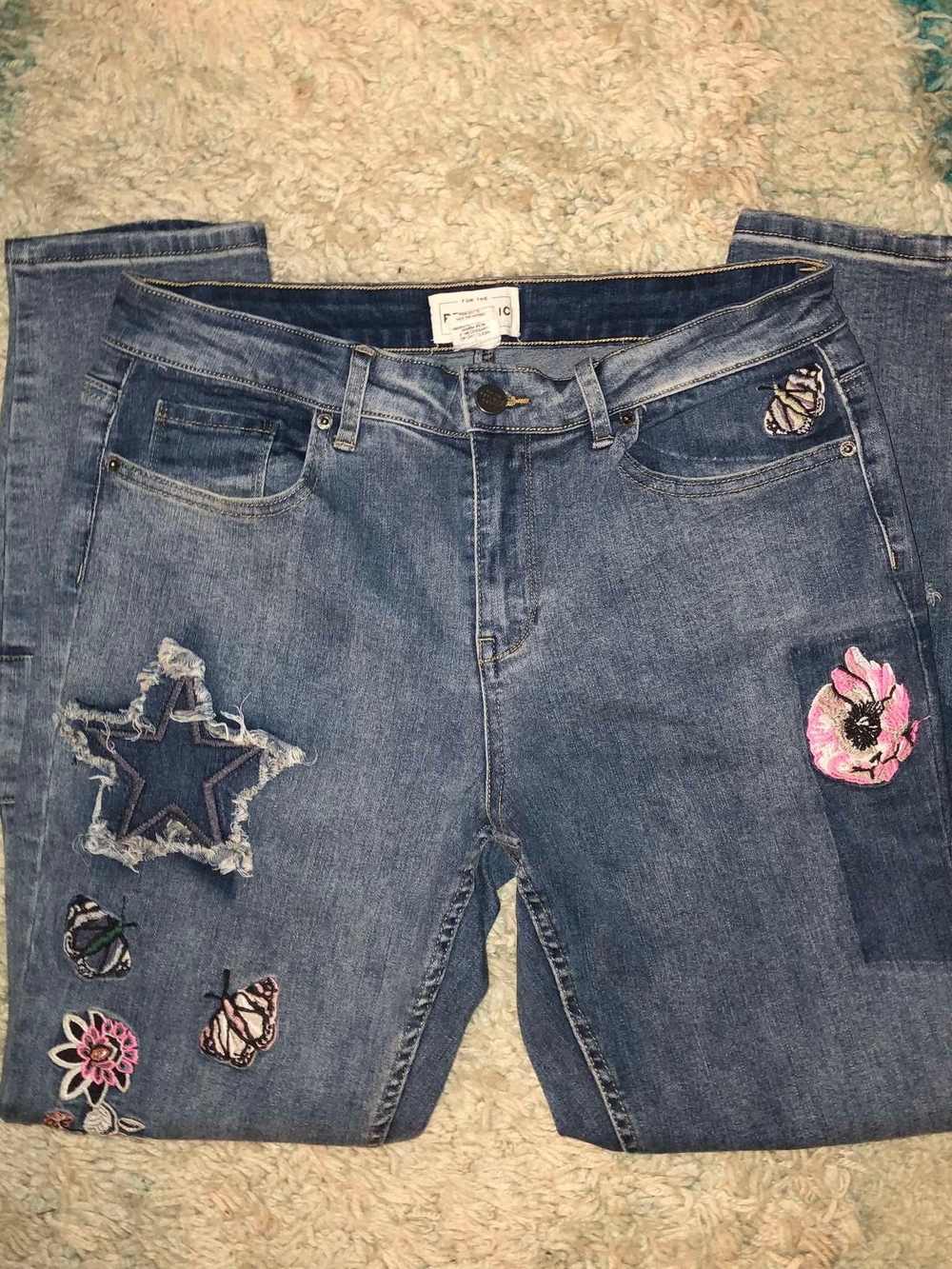 For The Republic Skinny Jeans - Blue with Pink Embroidered Flowers